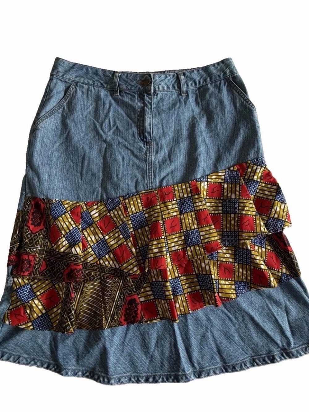Vtg Bill Blass Skirt Womens 14 Denim Knee Length Ruffle Patchwork Festival